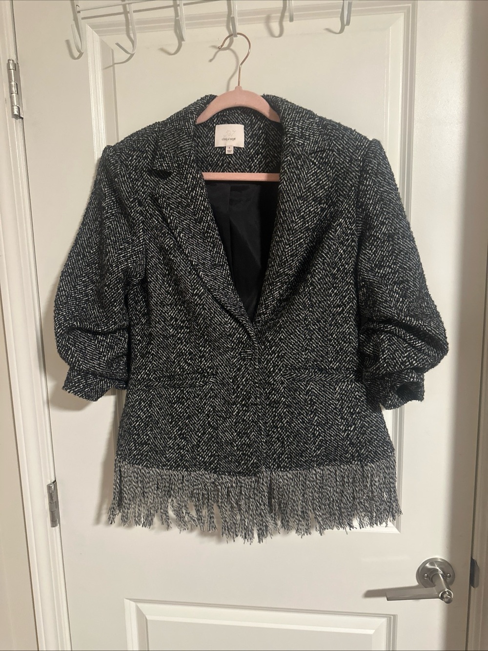 cinq a sept Black and White Tweed Fringe Hem Blazer